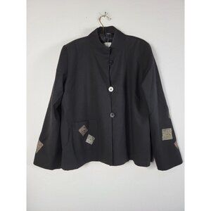 Susan Kirschner Womens Black Jacket W/ Patch Detail Long Sleeve Button-Up Large